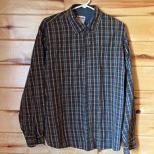 Brown striped mens Wrangle button up long sleeve shirt.